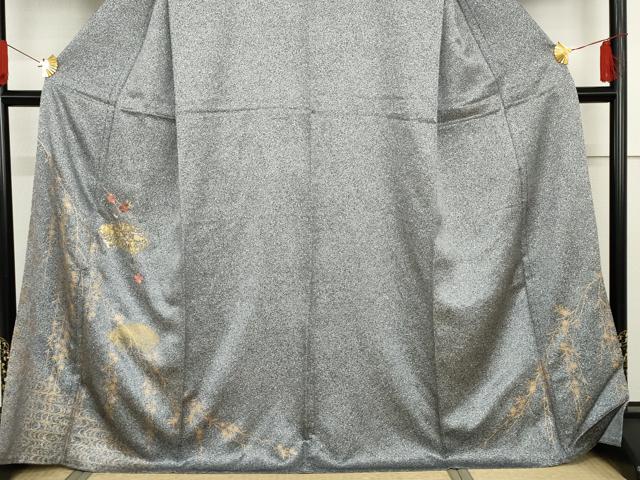 平和屋着物●訪問着　刺繍　地紙枝垂れ花文　たたき染め　黒地　金糸　金彩　正絹　逸品　AABG5306cs