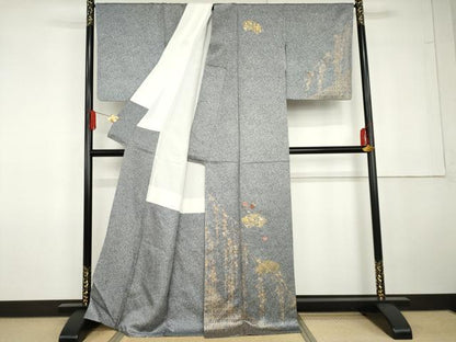 平和屋着物●訪問着　刺繍　地紙枝垂れ花文　たたき染め　黒地　金糸　金彩　正絹　逸品　AABG5306cs