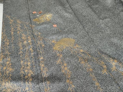 平和屋着物●訪問着　刺繍　地紙枝垂れ花文　たたき染め　黒地　金糸　金彩　正絹　逸品　AABG5306cs