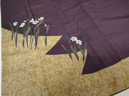 平和屋着物●訪問着　紬地　草花文　金彩　正絹　逸品　AABG5307cs