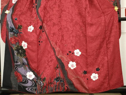 平和屋着物●豪華振袖　手描き　絞り　流水草花文　薔薇　バラ　金彩　正絹　逸品　AABG5308cs