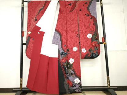 平和屋着物●豪華振袖　手描き　絞り　流水草花文　薔薇　バラ　金彩　正絹　逸品　AABG5308cs