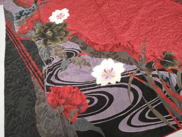 平和屋着物●豪華振袖　手描き　絞り　流水草花文　薔薇　バラ　金彩　正絹　逸品　AABG5308cs