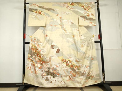 平和屋着物●訪問着　駒刺繍　吉祥花丸文　金彩　正絹　逸品　AABG5322cs