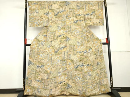 平和屋着物●上質な小紋　更紗花蝶文　金彩　鬼しぼ縮緬　高島屋扱い　正絹　逸品　AABG5326cs