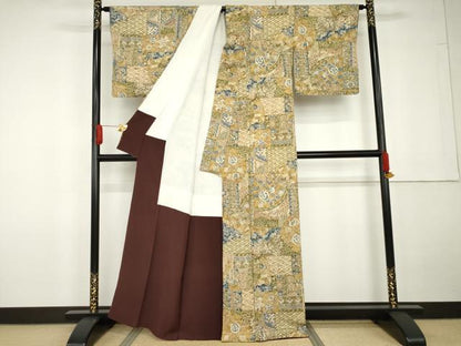 平和屋着物●上質な小紋　更紗花蝶文　金彩　鬼しぼ縮緬　高島屋扱い　正絹　逸品　AABG5326cs