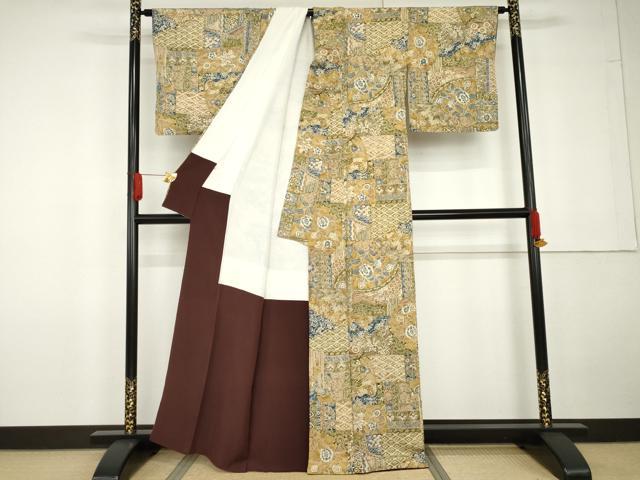 平和屋着物●上質な小紋　更紗花蝶文　金彩　鬼しぼ縮緬　高島屋扱い　正絹　逸品　AABG5326cs
