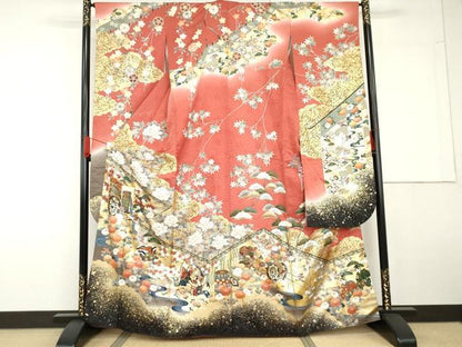 平和屋着物●英王室献上友禅作家　木下勝功　振袖　駒刺繍　御所車人物吉祥花車文　金彩　正絹　逸品　AABG5333cs