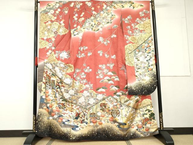 平和屋着物●英王室献上友禅作家　木下勝功　振袖　駒刺繍　御所車人物吉祥花車文　金彩　正絹　逸品　AABG5333cs