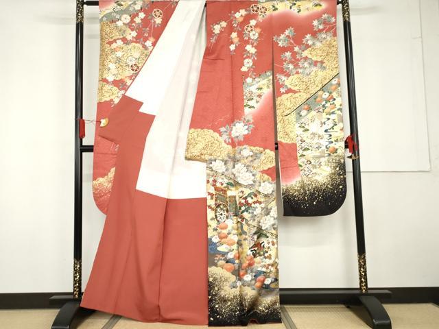 平和屋着物●英王室献上友禅作家　木下勝功　振袖　駒刺繍　御所車人物吉祥花車文　金彩　正絹　逸品　AABG5333cs