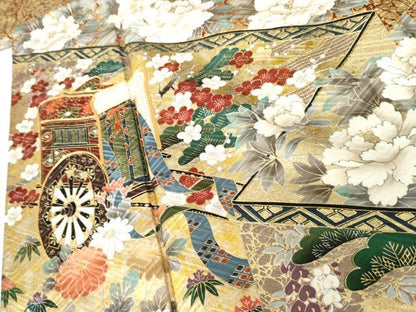 平和屋着物●英王室献上友禅作家　木下勝功　振袖　駒刺繍　御所車人物吉祥花車文　金彩　正絹　逸品　AABG5333cs