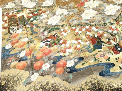 平和屋着物●英王室献上友禅作家　木下勝功　振袖　駒刺繍　御所車人物吉祥花車文　金彩　正絹　逸品　AABG5333cs