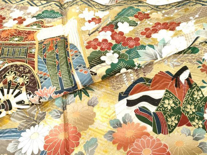 平和屋着物●英王室献上友禅作家　木下勝功　振袖　駒刺繍　御所車人物吉祥花車文　金彩　正絹　逸品　AABG5333cs