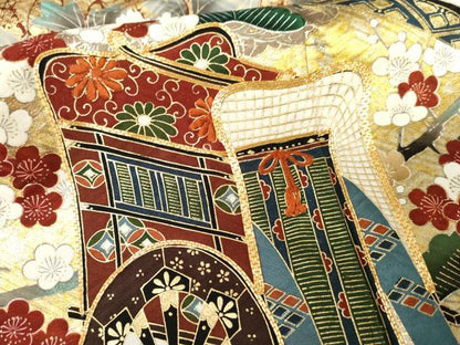 平和屋着物●英王室献上友禅作家　木下勝功　振袖　駒刺繍　御所車人物吉祥花車文　金彩　正絹　逸品　AABG5333cs