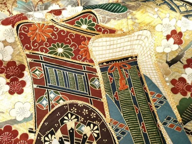 平和屋着物●英王室献上友禅作家　木下勝功　振袖　駒刺繍　御所車人物吉祥花車文　金彩　正絹　逸品　AABG5333cs