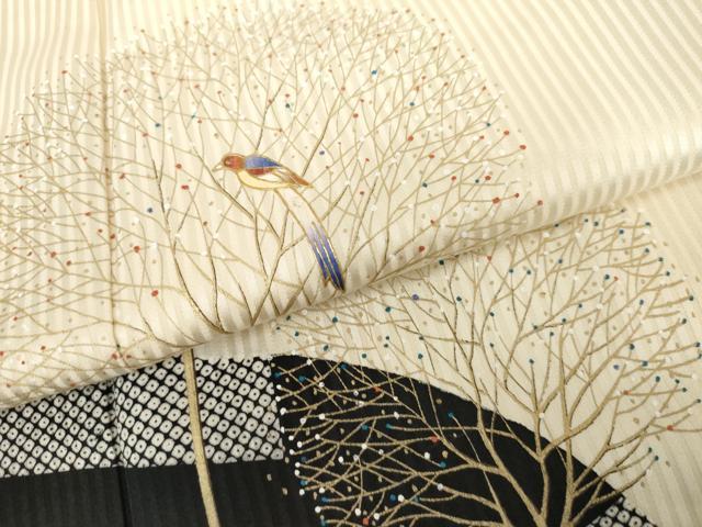 平和屋着物●染織作家　染織デザイナー　大島明　訪問着　枝木に休み鳥　金彩　正絹　逸品　AABG5348cs