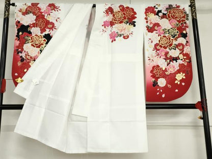 平和屋着物●小振袖　二尺袖　草花文　薔薇　バラ　暈し染め　金彩　洗える着物　AABG5364cs
