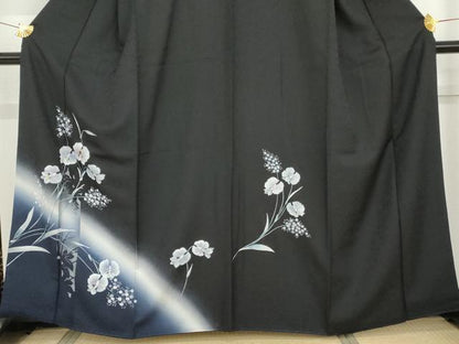 平和屋着物●訪問着　手描き　螺鈿　胡蝶蘭　暈し染め　黒地　金銀彩　正絹　逸品　AABG5386cs
