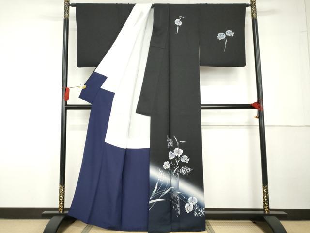 平和屋着物●訪問着　手描き　螺鈿　胡蝶蘭　暈し染め　黒地　金銀彩　正絹　逸品　AABG5386cs