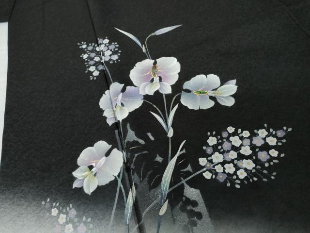 平和屋着物●訪問着　手描き　螺鈿　胡蝶蘭　暈し染め　黒地　金銀彩　正絹　逸品　AABG5386cs