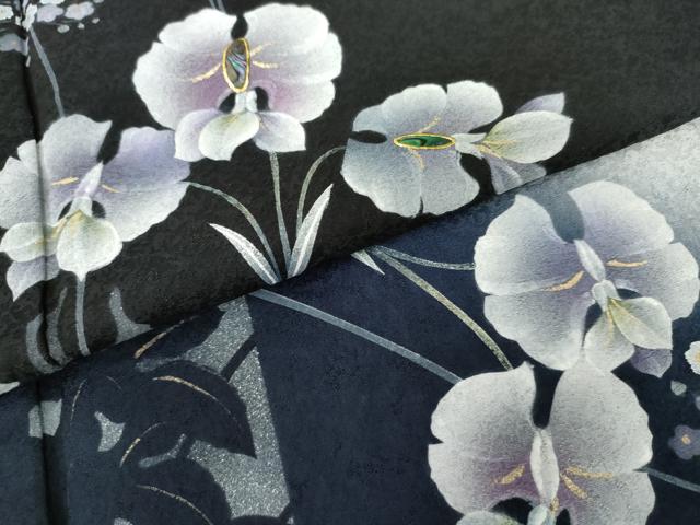 平和屋着物●訪問着　手描き　螺鈿　胡蝶蘭　暈し染め　黒地　金銀彩　正絹　逸品　AABG5386cs