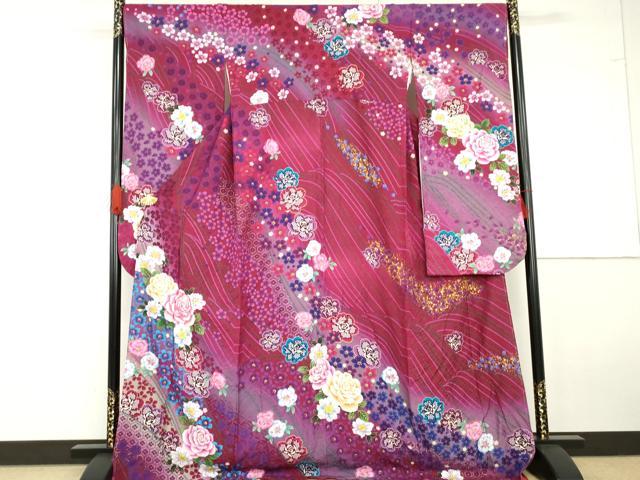 平和屋着物●豪華振袖　刺繍　草花文　金彩　暈し染め　ロング丈　正絹　逸品　未使用　AABG5399cs