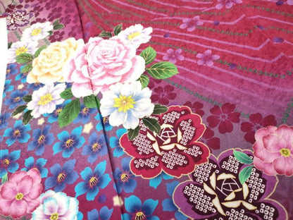 平和屋着物●豪華振袖　刺繍　草花文　金彩　暈し染め　ロング丈　正絹　逸品　未使用　AABG5399cs