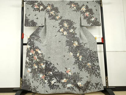 平和屋着物●訪問着　枝花文　たたき染め　黒地　金彩　正絹　逸品　AABG5414cs