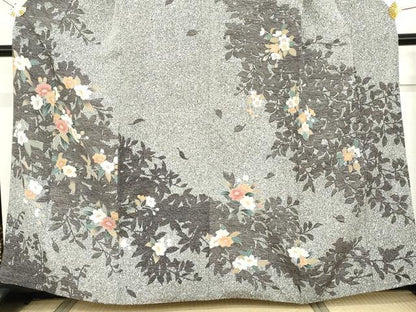 平和屋着物●訪問着　枝花文　たたき染め　黒地　金彩　正絹　逸品　AABG5414cs