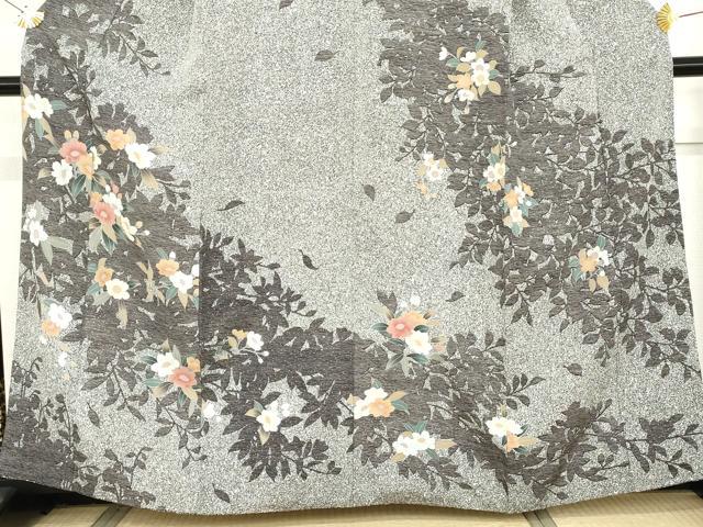 平和屋着物●訪問着　枝花文　たたき染め　黒地　金彩　正絹　逸品　AABG5414cs