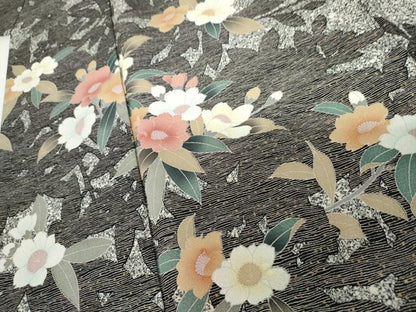 平和屋着物●訪問着　枝花文　たたき染め　黒地　金彩　正絹　逸品　AABG5414cs