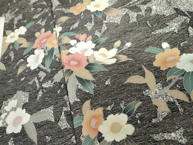 平和屋着物●訪問着　枝花文　たたき染め　黒地　金彩　正絹　逸品　AABG5414cs