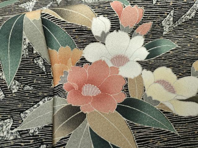 平和屋着物●訪問着　枝花文　たたき染め　黒地　金彩　正絹　逸品　AABG5414cs