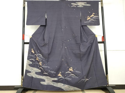 平和屋着物●訪問着　紬地　絞り　雪芝に跳び兎　金糸　正絹　逸品　AABG5415cs