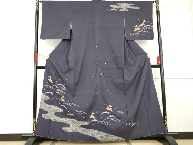 平和屋着物●訪問着　紬地　絞り　雪芝に跳び兎　金糸　正絹　逸品　AABG5415cs