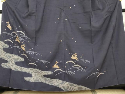 平和屋着物●訪問着　紬地　絞り　雪芝に跳び兎　金糸　正絹　逸品　AABG5415cs