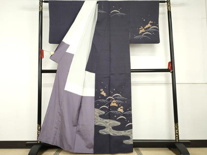 平和屋着物●訪問着　紬地　絞り　雪芝に跳び兎　金糸　正絹　逸品　AABG5415cs