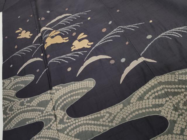 平和屋着物●訪問着　紬地　絞り　雪芝に跳び兎　金糸　正絹　逸品　AABG5415cs