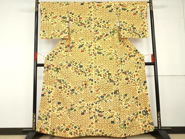 平和屋着物●上質な小紋　型染め　亀甲宝尽くし花蝶文　正絹　逸品　AABG5419cs