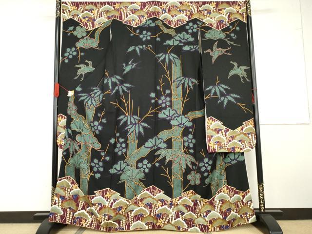 平和屋着物●豪華振袖　松竹梅飛鶴文　黒地　金彩　正絹　逸品　AABG5421cs