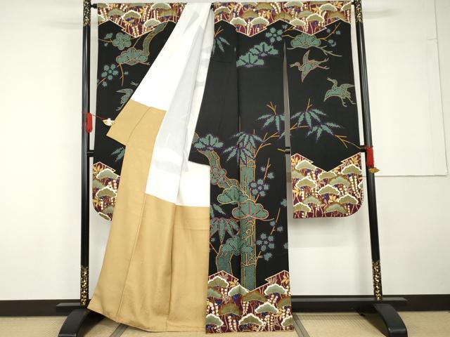 平和屋着物●豪華振袖　松竹梅飛鶴文　黒地　金彩　正絹　逸品　AABG5421cs