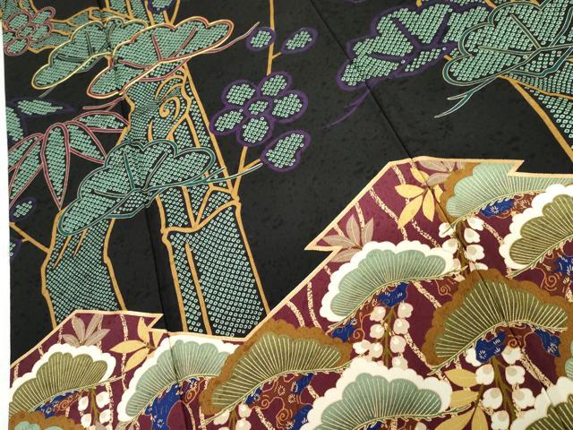 平和屋着物●豪華振袖　松竹梅飛鶴文　黒地　金彩　正絹　逸品　AABG5421cs