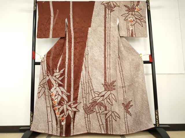 平和屋着物●訪問着　絞り　刺繍　笹竹枝花文　金糸　西武百貨店扱い　正絹　逸品　AABG5422cs
