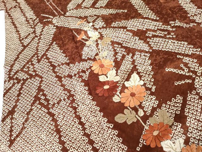 平和屋着物●訪問着　絞り　刺繍　笹竹枝花文　金糸　西武百貨店扱い　正絹　逸品　AABG5422cs