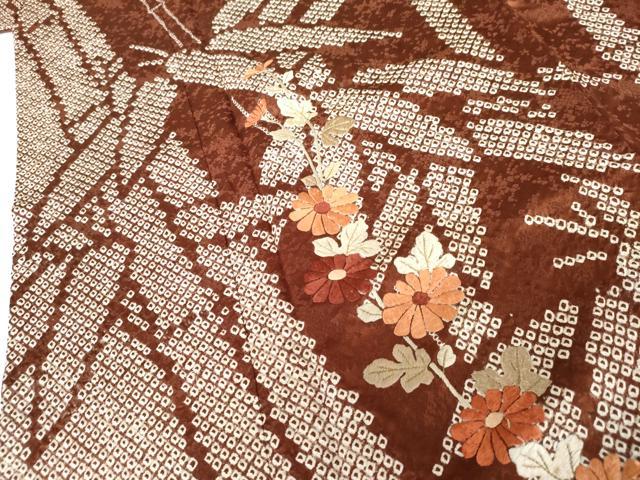 平和屋着物●訪問着　絞り　刺繍　笹竹枝花文　金糸　西武百貨店扱い　正絹　逸品　AABG5422cs