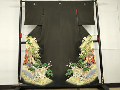 平和屋着物●アンティーク　大正ロマン　黒留袖　駒刺繍　両褄　御所車松竹梅文　暈し染め　正絹　逸品　AABG5423cs