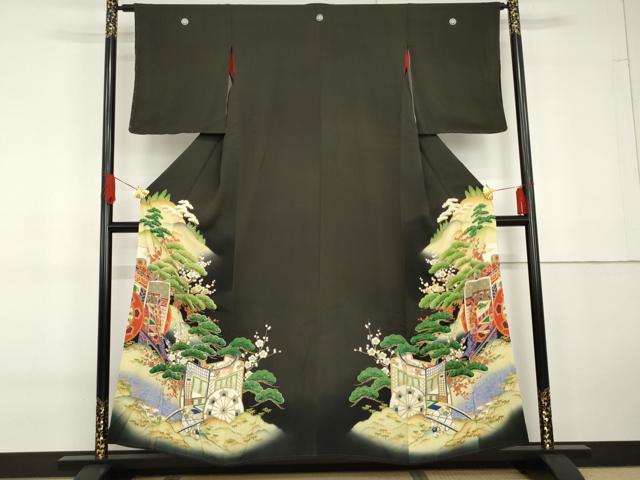 平和屋着物●アンティーク　大正ロマン　黒留袖　駒刺繍　両褄　御所車松竹梅文　暈し染め　正絹　逸品　AABG5423cs