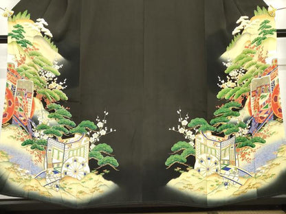 平和屋着物●アンティーク　大正ロマン　黒留袖　駒刺繍　両褄　御所車松竹梅文　暈し染め　正絹　逸品　AABG5423cs