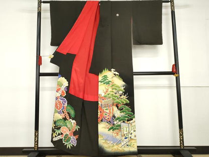平和屋着物●アンティーク　大正ロマン　黒留袖　駒刺繍　両褄　御所車松竹梅文　暈し染め　正絹　逸品　AABG5423cs
