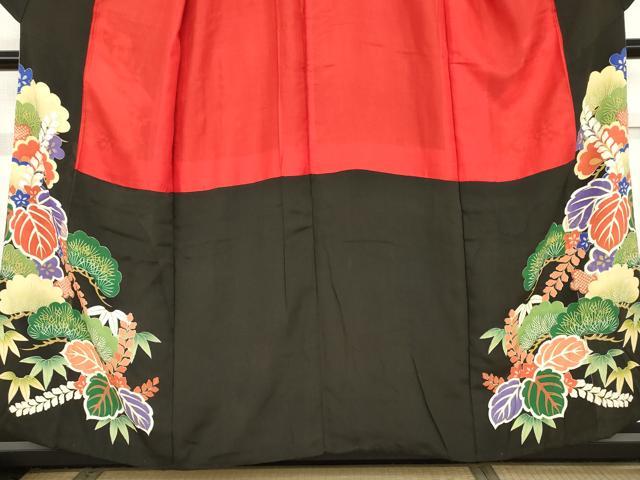 平和屋着物●アンティーク　大正ロマン　黒留袖　駒刺繍　両褄　御所車松竹梅文　暈し染め　正絹　逸品　AABG5423cs